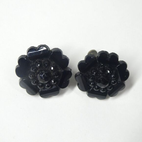 Black Glass Flower Earrings Vintage Czechoslovakia Screwback Floral - Picture 1 of 11